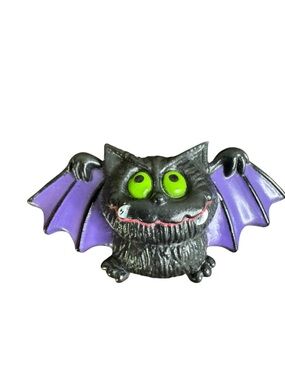Russ Black Bat Brooch with Purple Wings and Lime Green Eyes